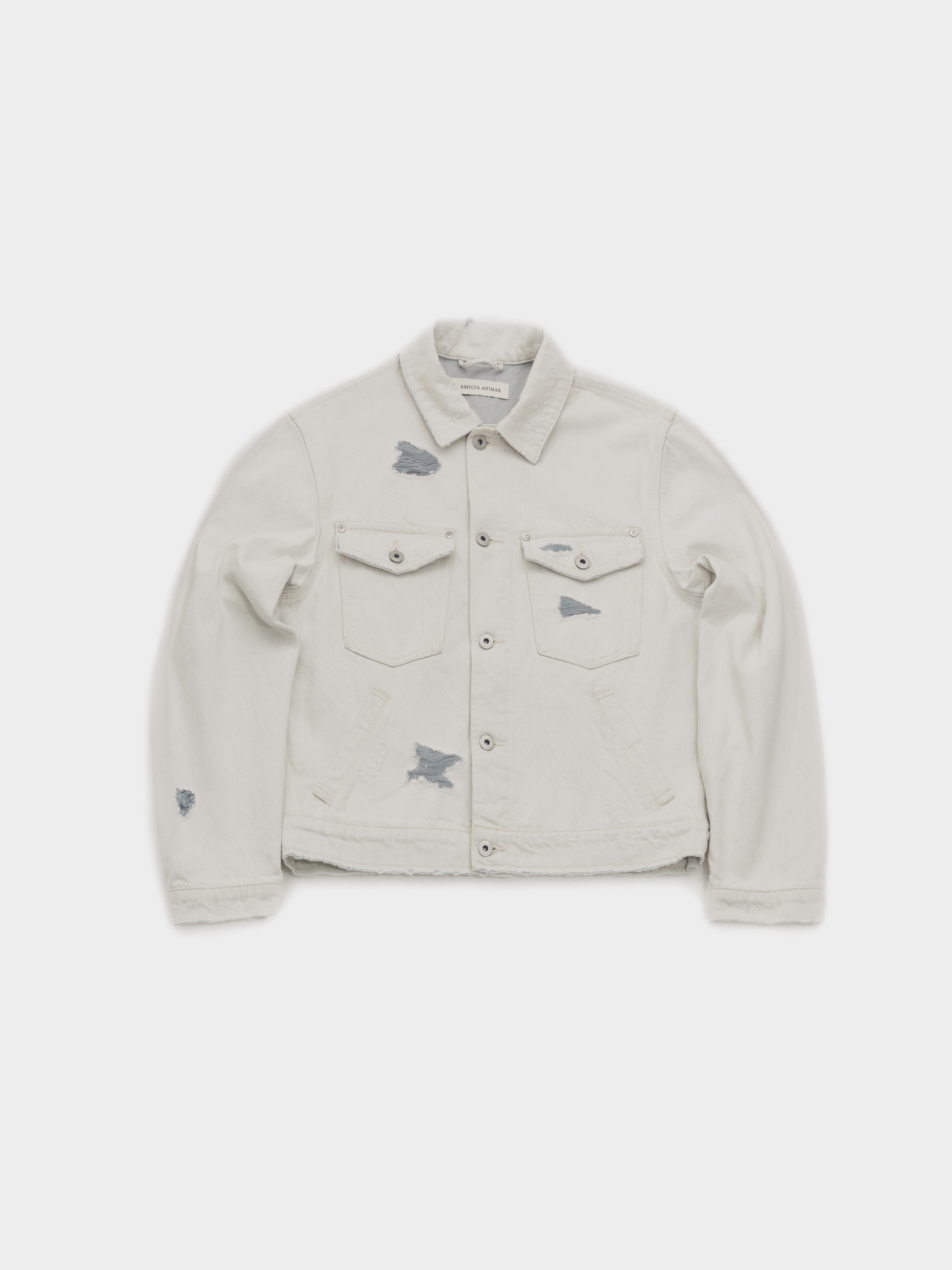 Cropped Oversized Distressed Denim Jacket in Off-White