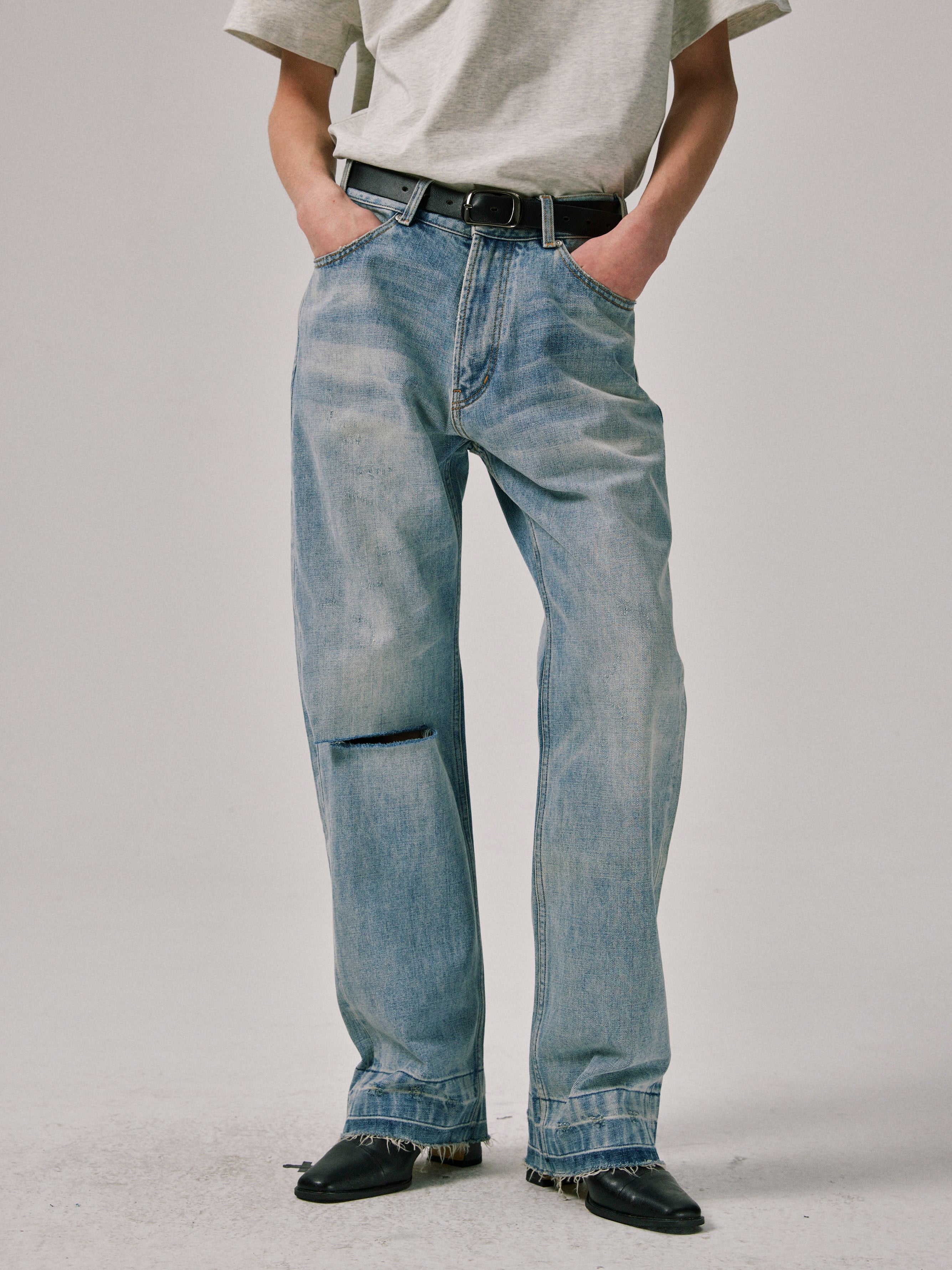 Mid-Rise Wide Leg Ripped Jeans