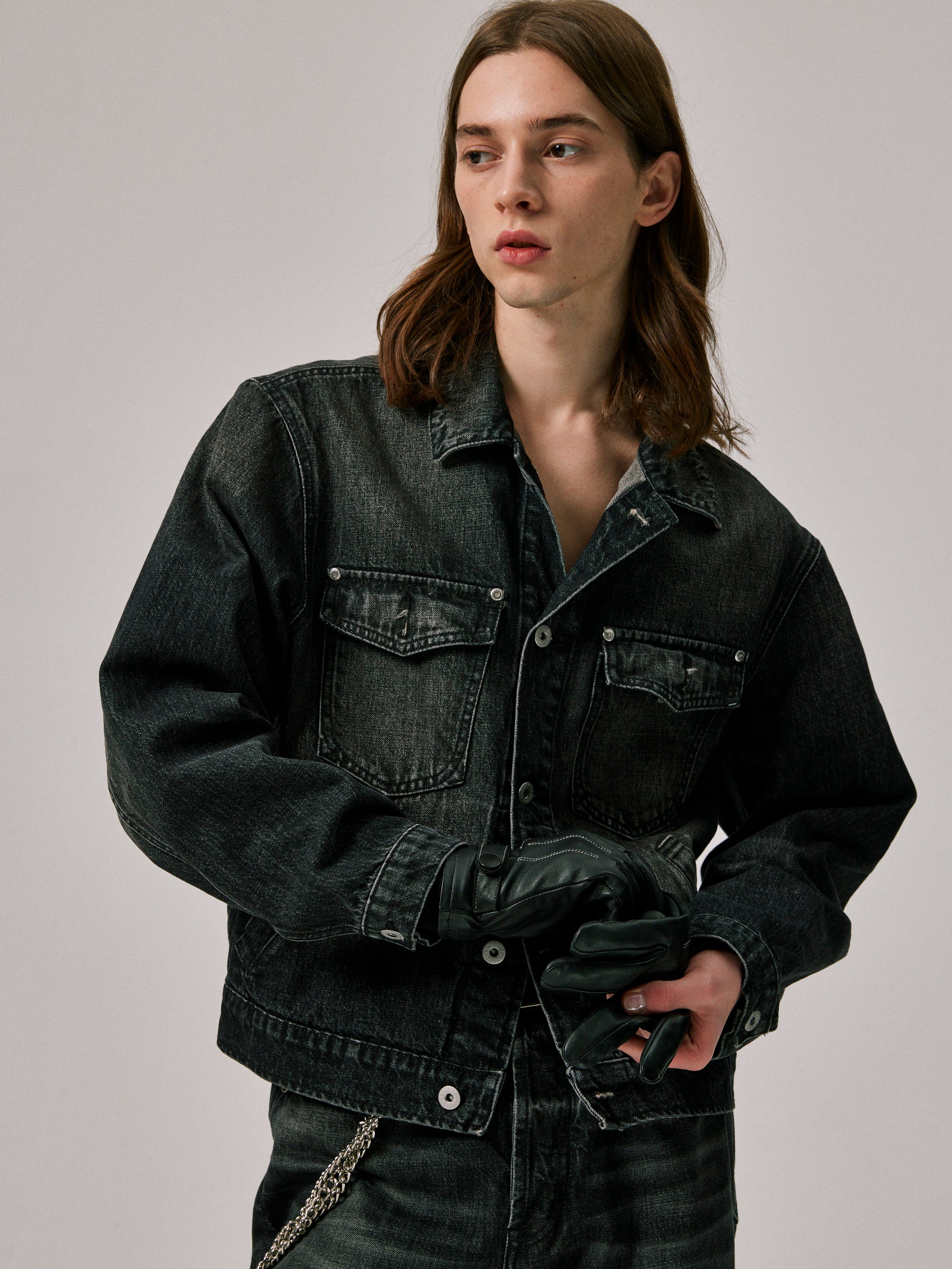 Cropped Oversized Denim Jacket in Vintage Black
