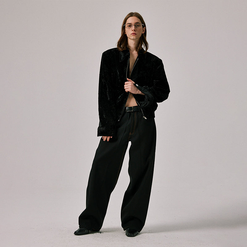 Cropped Zip Up Velvet Jacket in Black