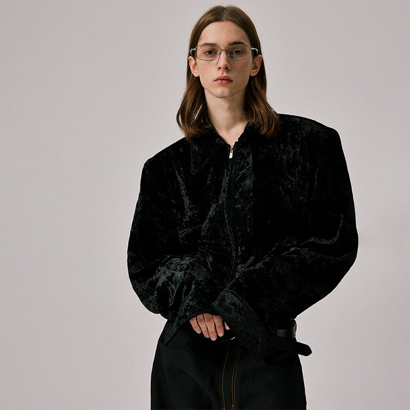 Cropped Zip Up Velvet Jacket in Black