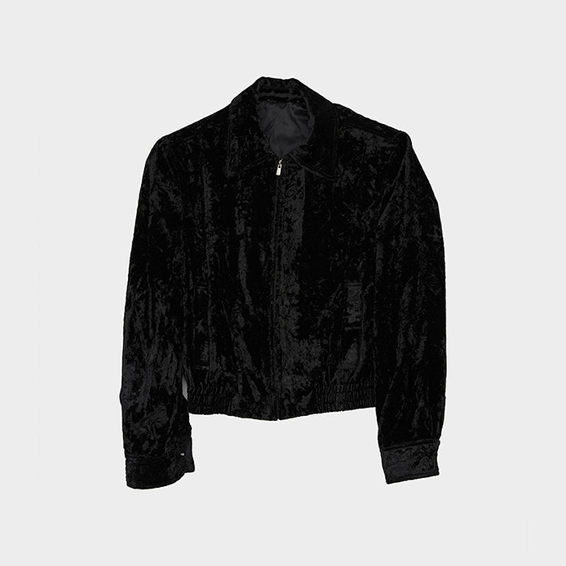Cropped Zip Up Velvet Jacket in Black