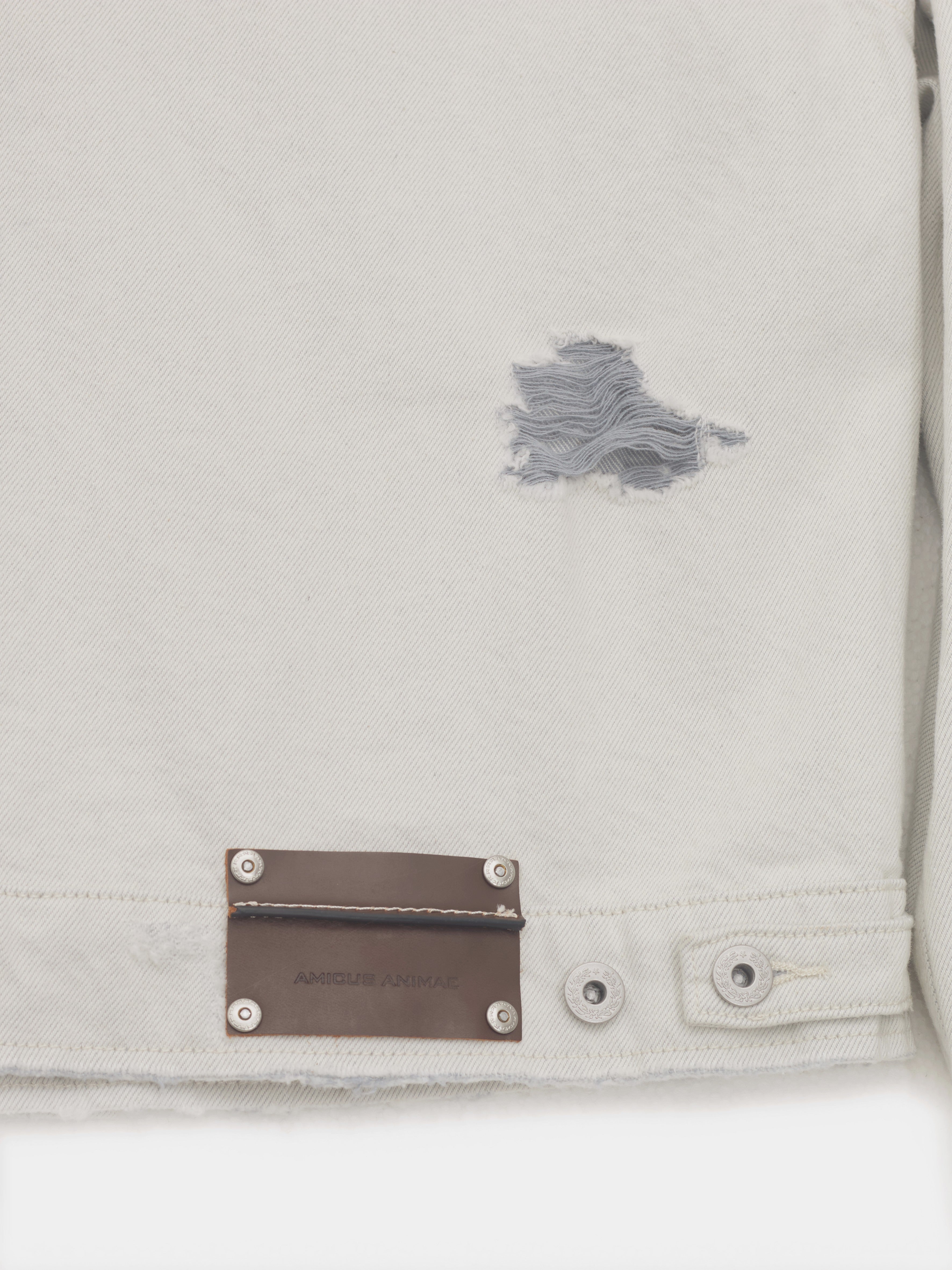 Cropped Oversized Distressed Denim Jacket in Off-White