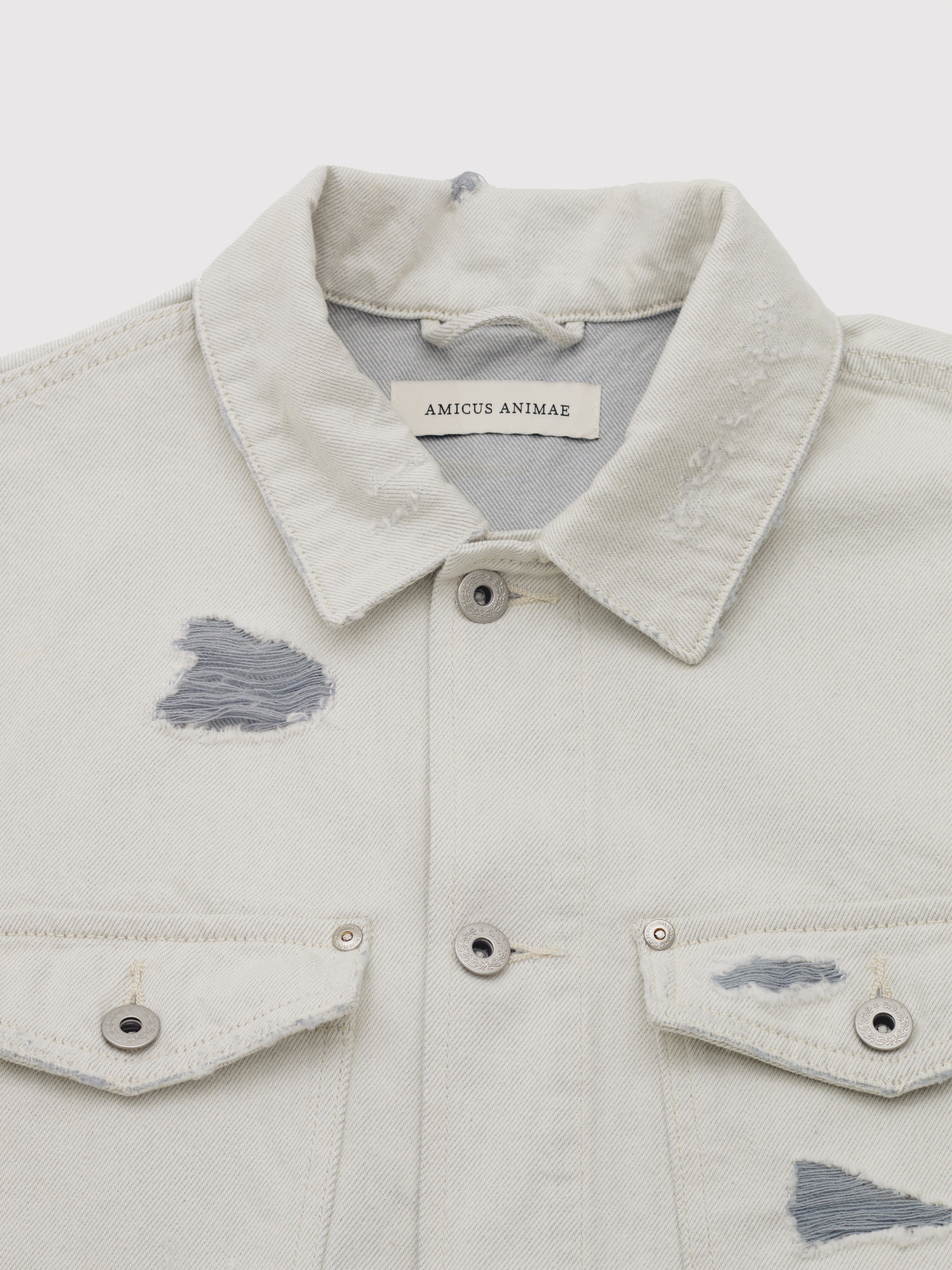 Cropped Oversized Distressed Denim Jacket in Off-White