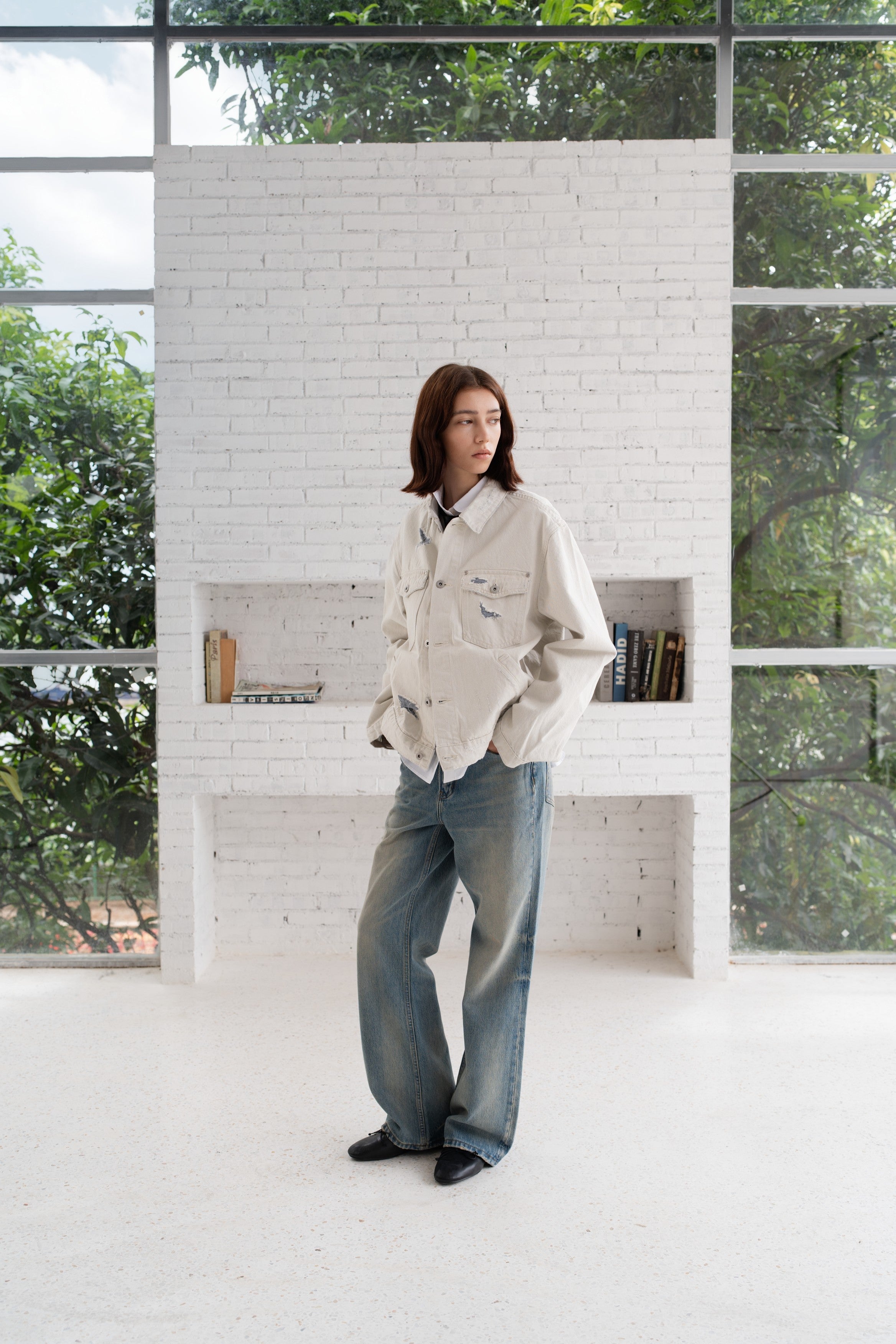Cropped Oversized Distressed Denim Jacket in Off-White