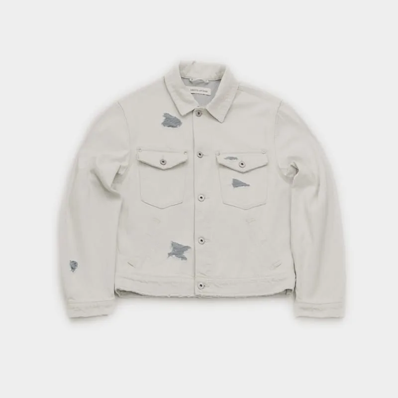 Cropped Oversized Distressed Denim Jacket in Off-White