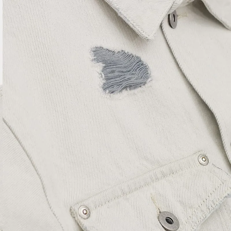 Cropped Oversized Distressed Denim Jacket in Off-White