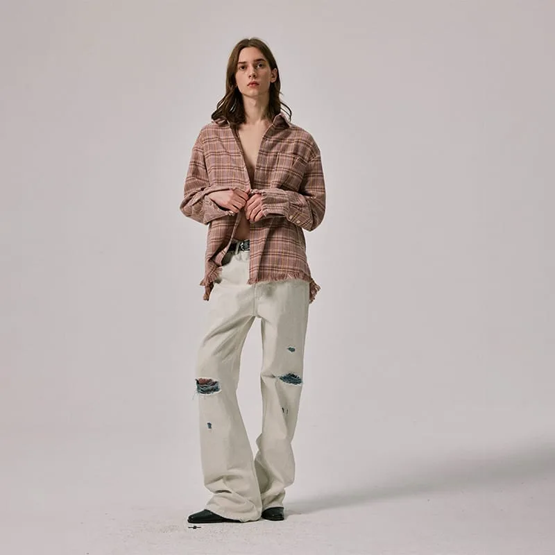 Distressed Flared Jeans in Off-White