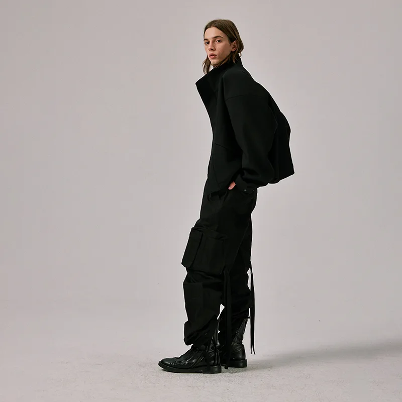 Cropped Standing Collar Jacket in Black