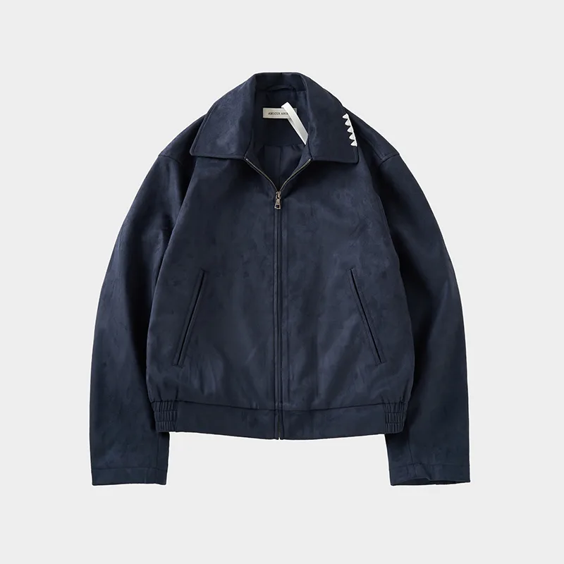 Cropped Suede Jacket in Dark Navy With Laser Engraved