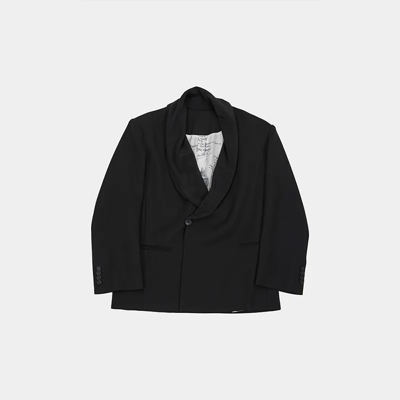 Cropped Wool Blazer With Silk Lapel in Black