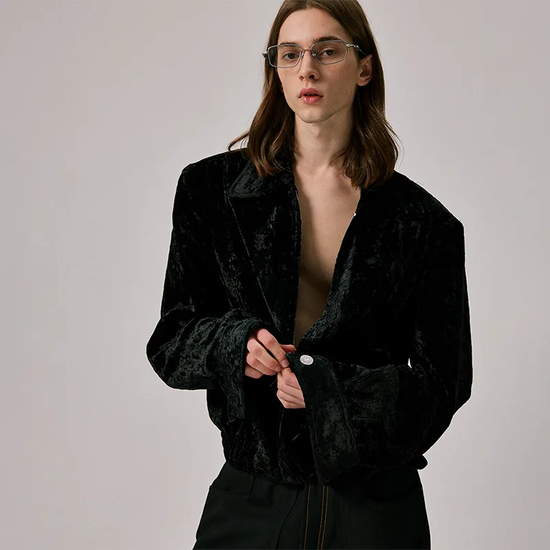 Cropped Zip Up Velvet Jacket in Black