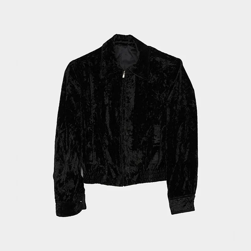 Cropped Zip Up Velvet Jacket in Black