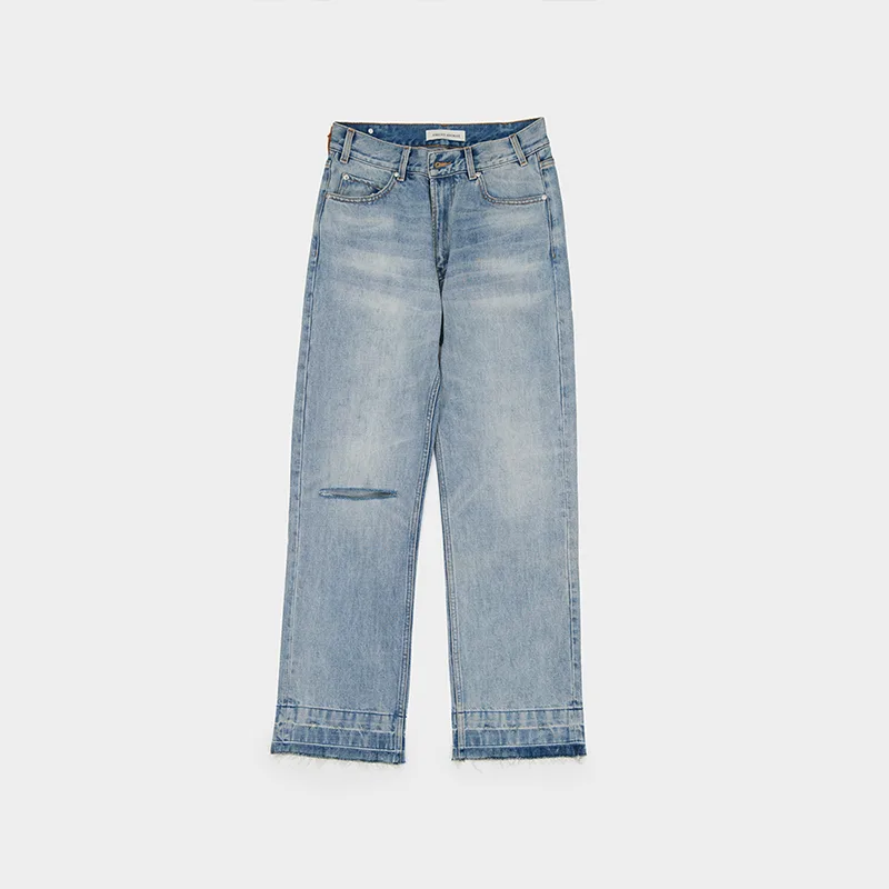 Mid-Rise Wide Leg Ripped Jeans in Blue