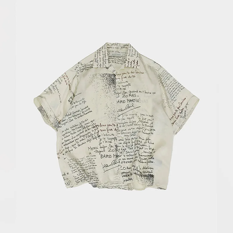 Short Sleeve Letter-Print Silk Shirt